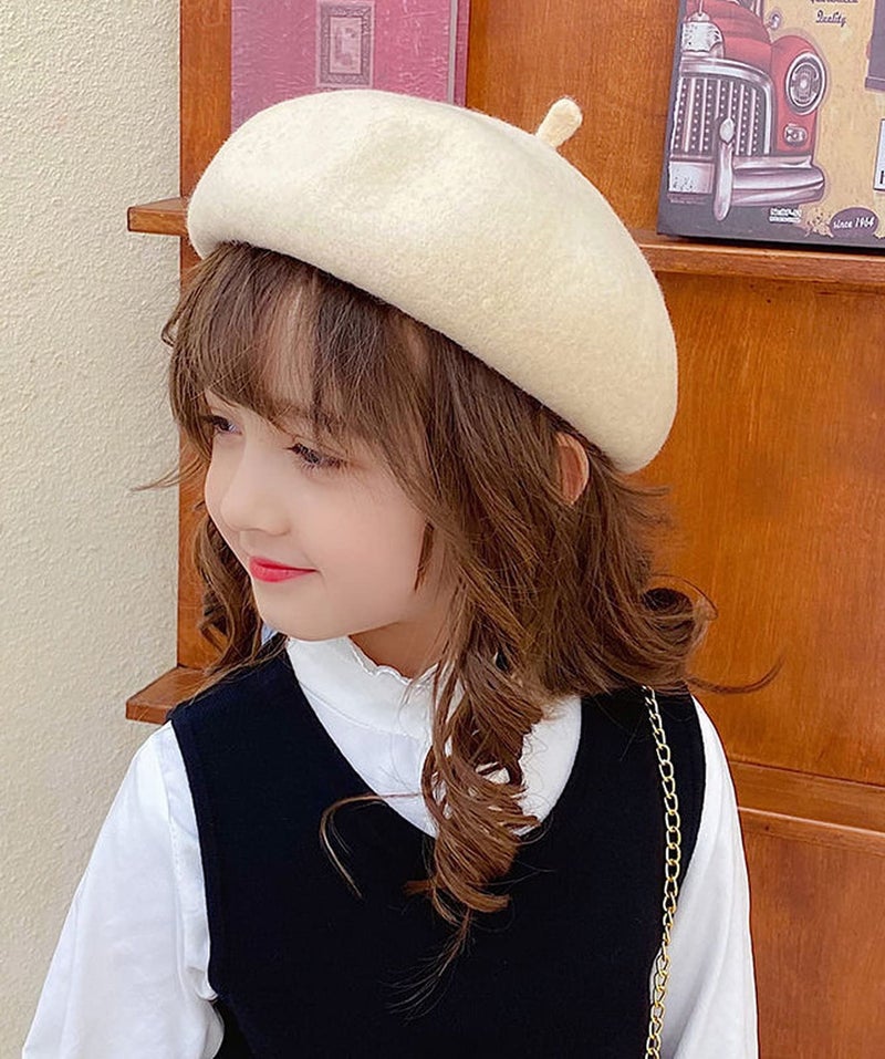 Brcus Kids Girls French Beret Hat Artist Hat Solid Warm Beanie Cap Winter Autumn (Off White, 1) - Image 3